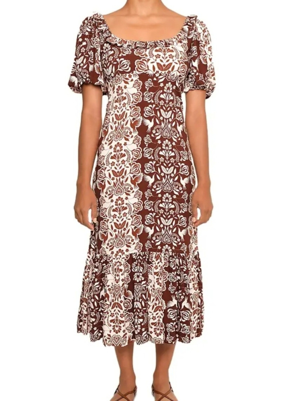 Anthropologie Brown and White Floral Midi Dress with Puff Sleeves